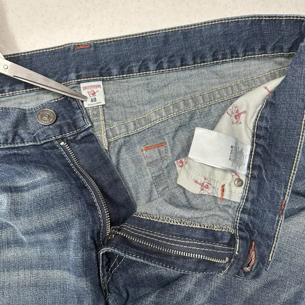 True Religion Jeans Mens 40x34 Section Straight Leg Blue Denim Distressed *Flaw